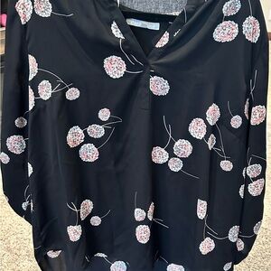 Daniel Rainn Black Blouse with Pink Floral Pattern